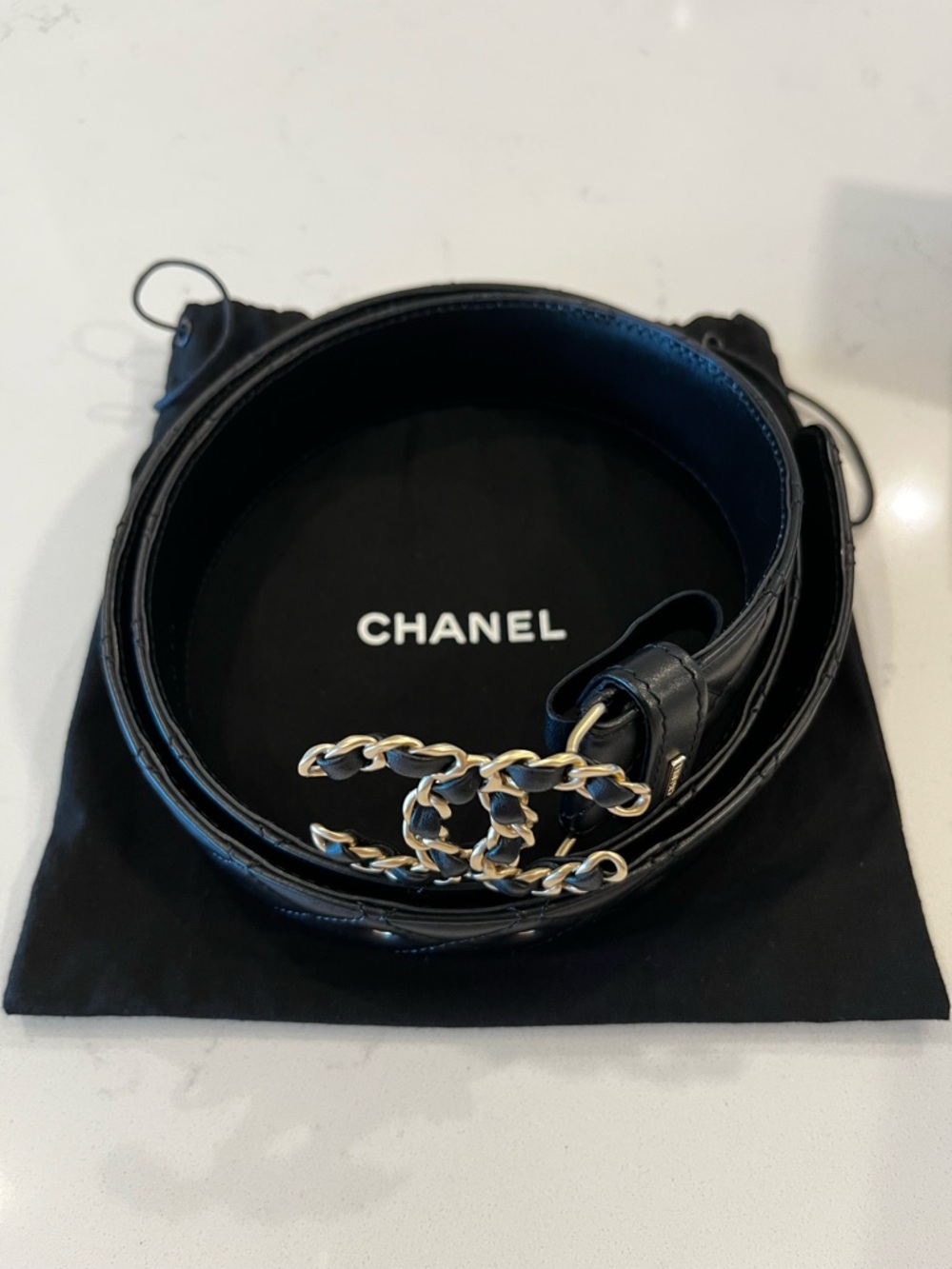 CHANEL quilted black Leather Belt with Gold Chain CC Buckle size 90/36